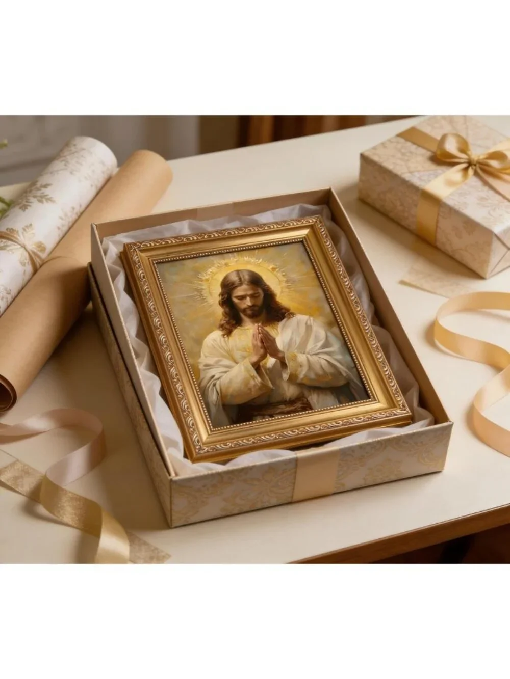 Vintage Jesus Christ Praying Wall Art - Gold Framed Christian Oil Print, 9x11